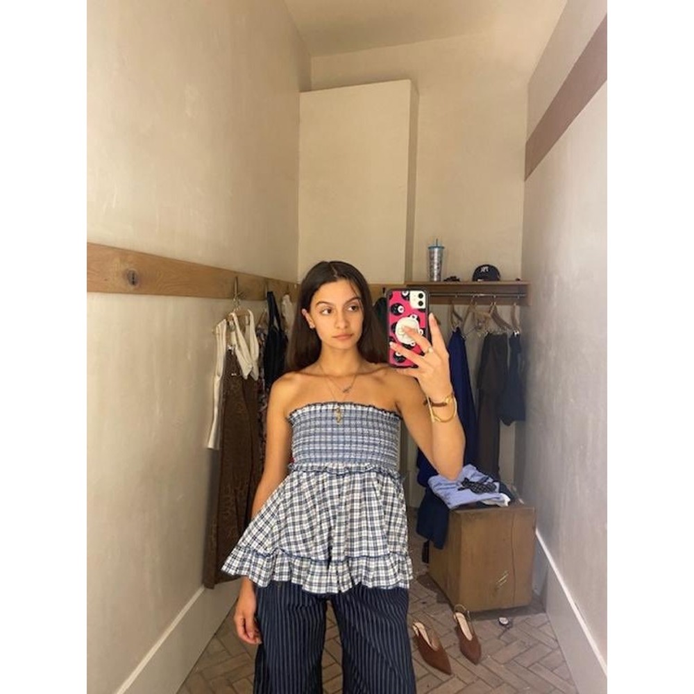 Maeve Anthropologie Plaid Smocked Mini Skirt Blue White Ruffle Tiered XS NEW - Picture 2 of 10